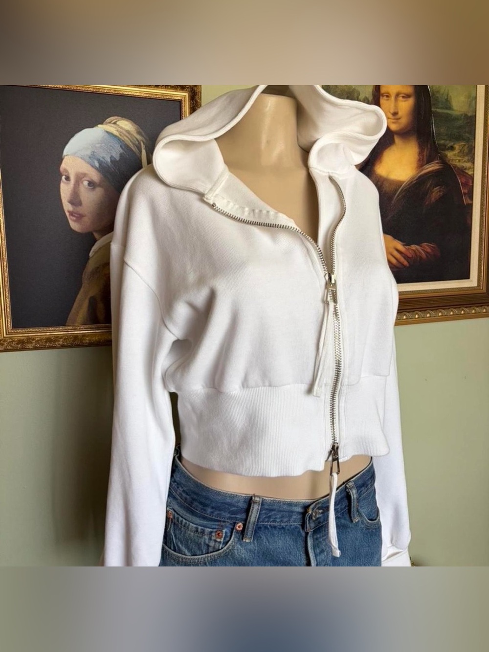 Women's Y2K Soft White Cropped Zip Up Hoodie Sweatshirt Size M Preppy Athletic